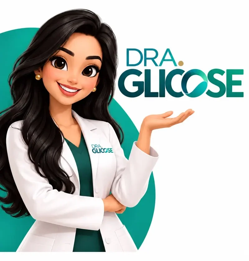 Personagem ilustrada da marca Dra. Glicose, com jaleco branco e roupa verde-petróleo